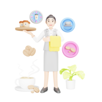 Female Waitress Serving Coffee - 3D Cartoon Character in Cafe png