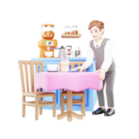 3d desenho animado do uma masculino garçom trabalhando dentro uma cafeteria - hospitalidade e serviço png