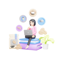 flicka använder sig av bärbar dator och dricka kaffe - 3d karaktär illustration för e-learning och frilansar png
