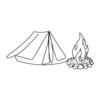 Continuous single line drawing of tent and campfire Vector art illustration minimalist design