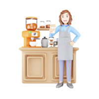 fille permanent par café compteur - 3d personnage illustration - café scène png