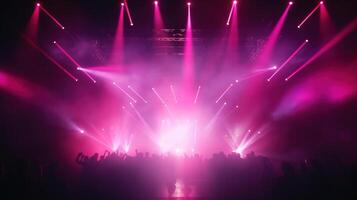 AI generated Stage Light with Red Pink Purple Spotlights and Smoke. Concert and Theatre Dark Scene photo