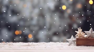 AI generated Winter Background with Copy Space. Winter, Snow, Snowflakes, Snowflake, Ice, Frozen, Decorations photo