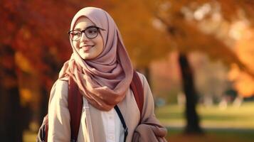 ai generado hermosa estudiante sonriente niña con hijab mochila lentes en el parque, otoño. educación aprendizaje foto