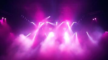 AI generated Stage Light with Red Pink Purple Spotlights and Smoke. Concert and Theatre Dark Scene photo