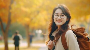 AI generated Beautiful Student Asian Girl with Backpack and Glasses in the Park, Autumn. Education Learning photo