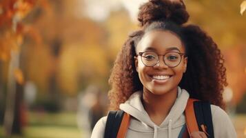 AI generated Beautiful Student Black Girl with Backpack and Glasses in the Park, Autumn. Education Learning photo