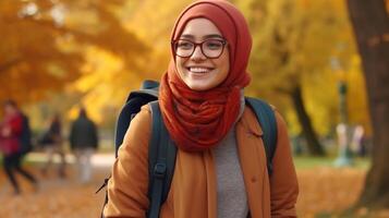 AI generated Beautiful Student Smiling Girl with Hijab Backpack Glasses in the Park, Autumn. Education Learning photo