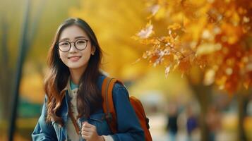 ai generado hermosa estudiante asiático niña con mochila y lentes en el parque, otoño. educación aprendizaje foto