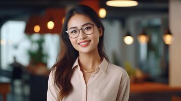 AI generated Young Adult Confident Attractive Asian Woman, Beautiful Lady Wearing Glasses, Close Up photo