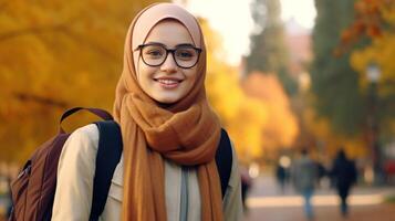 ai generado hermosa estudiante sonriente niña con hijab mochila lentes en el parque, otoño. educación aprendizaje foto