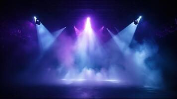 AI generated Stage Light with Blue Cyan Purple Spotlights and Smoke. Concert and Theatre Dark Scene photo