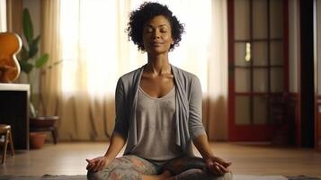 AI generated Middle Aged Black Woman Meditating at Home. Relaxing, Mindful, Mental Health, Meditation photo