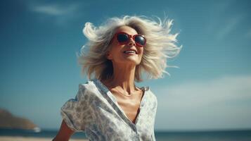 AI generated Happy Beautiful Dancing Mature Woman at Beach. Healthy Life, Free, Freedom, Joyful, Long Live photo