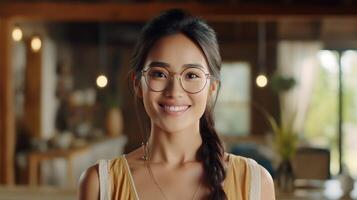 AI generated Young Adult Confident Attractive Southeast Asian Woman, Beautiful Lady Wearing Glasses, Close Up photo