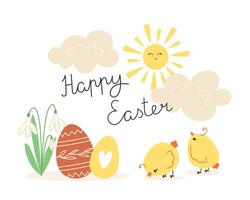 Easter illustration with chick and painted eggs in cartoon style vector