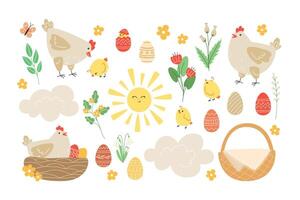 Easter set of elements with chickens, painted eggs and spring flowers in cartoon style vector