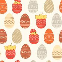 Seamless pattern of chickens and easter eggs in cartoon style vector