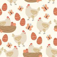 Seamless pattern of flowers, chicken and easter eggs in cartoon style vector