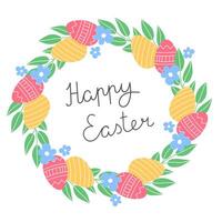 Spring wreath of Easter eggs and colorful flowers vector