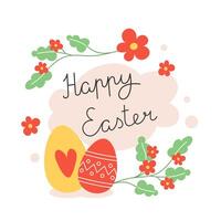 Easter illustration with chickens and painted eggs in cartoon style vector