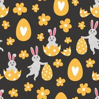 Seamless pattern of Easter bunnies, flowers and painted eggs in cartoon style vector