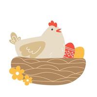 Easter illustration with a hen and painted eggs in a nest for the holiday in cartoon style vector