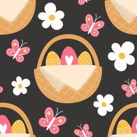 Seamless pattern of butterflies and painted eggs in a wicker basket for Easter in a cartoon style vector