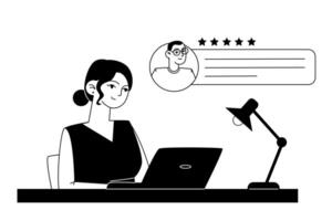 un hembra empleado se sienta a un mesa y lee gente comentarios en un ordenador portátil vector
