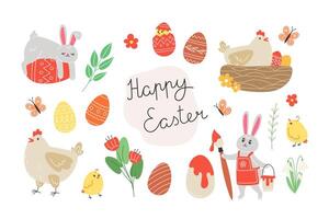 Easter set of elements with chickens, painted eggs and spring flowers in cartoon style vector