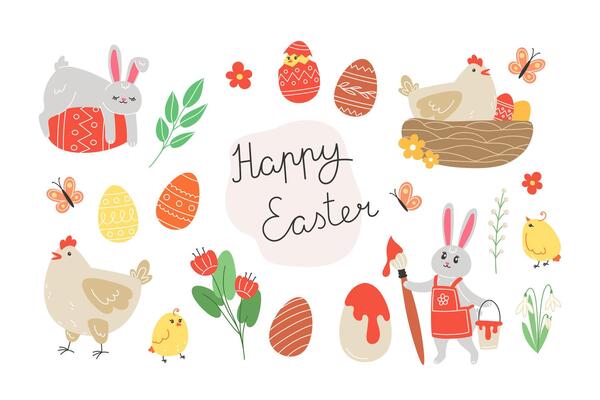 Easter set of elements with chickens, painted eggs and spring flowers in cartoon style