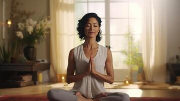 AI generated Middle Aged Asian Woman Meditating at Home. Relaxing, Mindful, Mental Health, Meditation photo