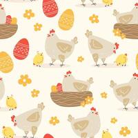 Seamless pattern of flowers, chicken and easter eggs in cartoon style vector