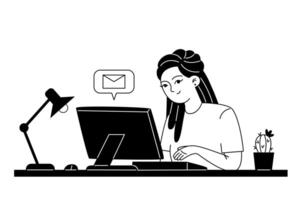 joven hembra empleado corresponde por correo electrónico mientras sentado a un computadora a su lugar de trabajo vector