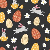 Seamless pattern of Easter bunnies, flowers and painted eggs in cartoon style vector