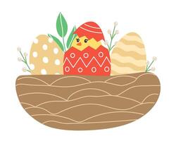 Easter illustration with chick and painted eggs in a nest for the holiday in cartoon style vector