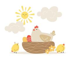 Easter illustration with a hen, chicks and painted eggs in a nest for the holiday in cartoon style vector