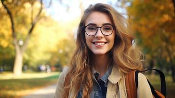 AI generated Beautiful Student Smiling Girl with Backpack and Glasses in the Park, Autumn. Education Learning photo