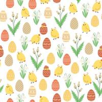 Seamless pattern of flowers, chickens and easter eggs in cartoon style vector