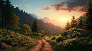 AI generated Mountain Road in Green Forest with Sunset. Nature, Path, Travel, Journey, Adventure photo