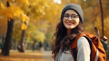 AI generated Beautiful Student Indian Girl with Backpack and Glasses in the Park, Autumn. Education Learning photo