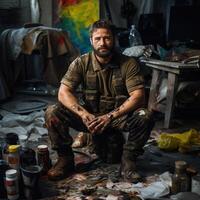 AI generated A military man, an artist in peaceful life, in quiet times. A man in camouflage clothing sits against a blurred background of an old workshop. Bearded, handsome, kind European. photo