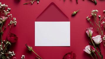 AI generated Flowers composition. Blank card and envelope on red background. Frame of roses and gypsophila flowers. Flat lay, top view, copy space. photo