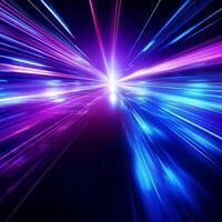 AI generated Oncoming car lights on a night road. Image of speed on the road. Abstract background in blue and purple neon glow. photo