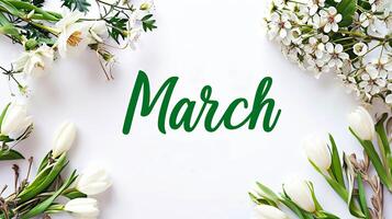 AI generated Spring floral banner on a white background for March. International Women's Day. photo