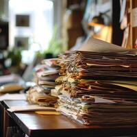 AI generated Folders of documents are stacked on a wooden table in large piles, awaiting digitization and processing. Blurred office background. photo