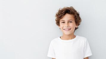 AI generated Smiling little boy in white t-shirt looking at camera isolated on grey. photo