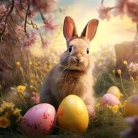 AI generated Pink and yellow Easter egg on rabbit background. Close-up of a fluffy beige bunny on a blurred background of spring yellow flowers. photo