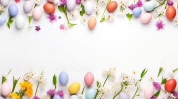 AI generated Easter banner template. Spring flowers and painted eggs on a white background with space for text. Easter eggs and spring flowers on white background. photo