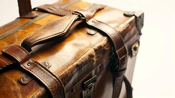 AI generated Close-up of a stylish travel bag. Business tourism and travel concept. Vintage brown leather suitcase on white background. photo